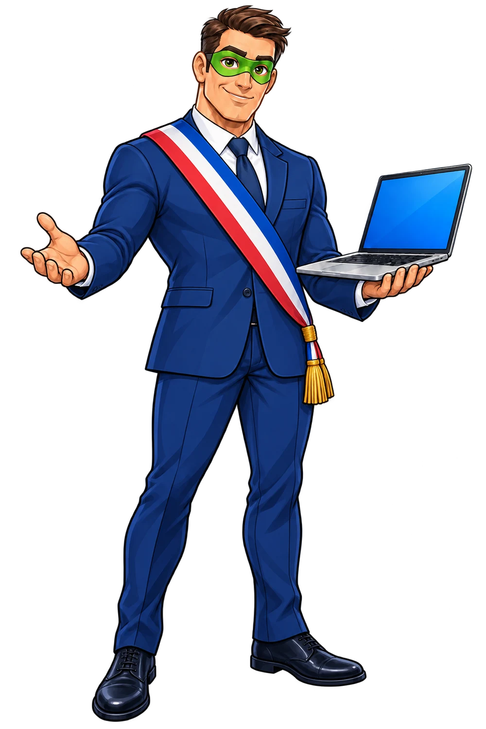 La mascotte ordi.doc, super-héros brun avec son ordinateur